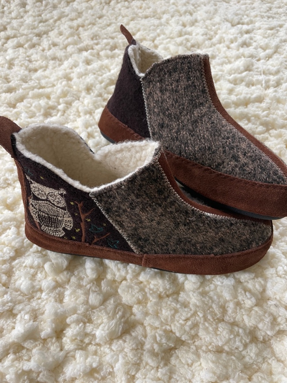 Acorn Brown Wool-Blend Owl Slip-On Slippers